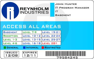 John Hunter's IT Crowd badge (Reynholm Industries)