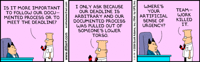 Dilbert comic on the futility of process and arbitrary deadlines