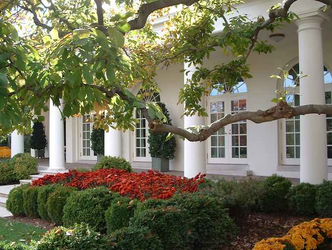 photo of White House Rose Garden with Oval Office in the background