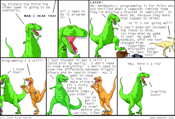 comic strip of dinasours discussing computer coding